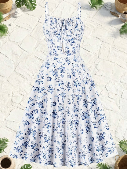 Damen Midikleid mit Blumenmuster und Bindeband – Eleganter Vintage-Stil für Alltag und besondere Anlässe