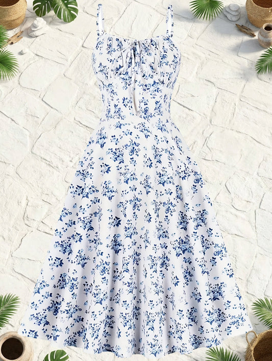 Damen Midikleid mit Blumenmuster und Bindeband – Eleganter Vintage-Stil für Alltag und besondere Anlässe