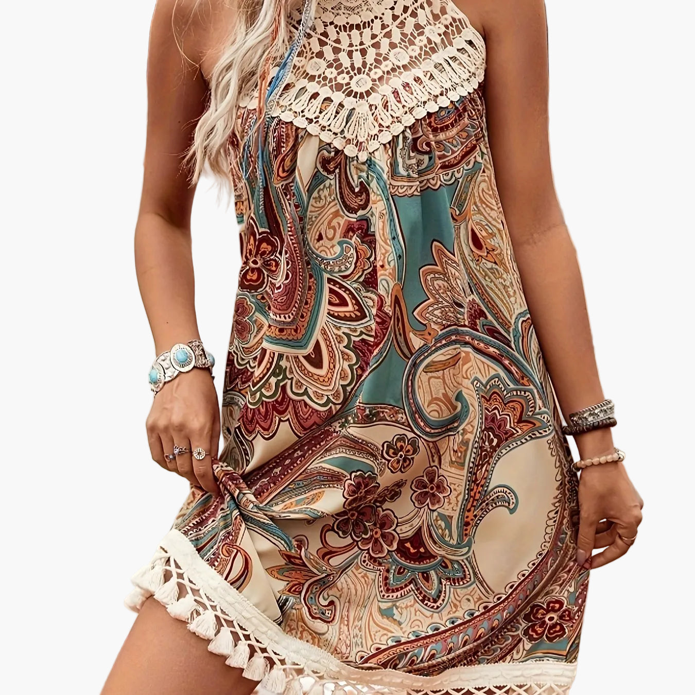 Damen Sommer Tunika Strandkleid mit Häkelspitze und Paisley-Muster – Boho Chic Freizeitkleid