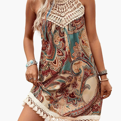 Damen Sommer Tunika Strandkleid mit Häkelspitze und Paisley-Muster – Boho Chic Freizeitkleid