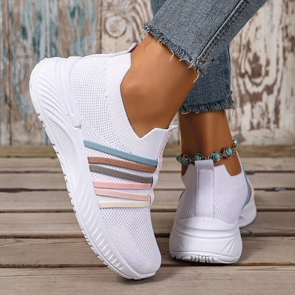 Damen Slip-On Sneakers Freizeit Bequeme Low-Top Schuhe mit Streifen-Design