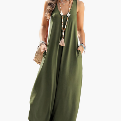Damen Jumpsuit Sommer Weit Bein Ärmellos V-Ausschnitt Freizeit Overall mit Taschen