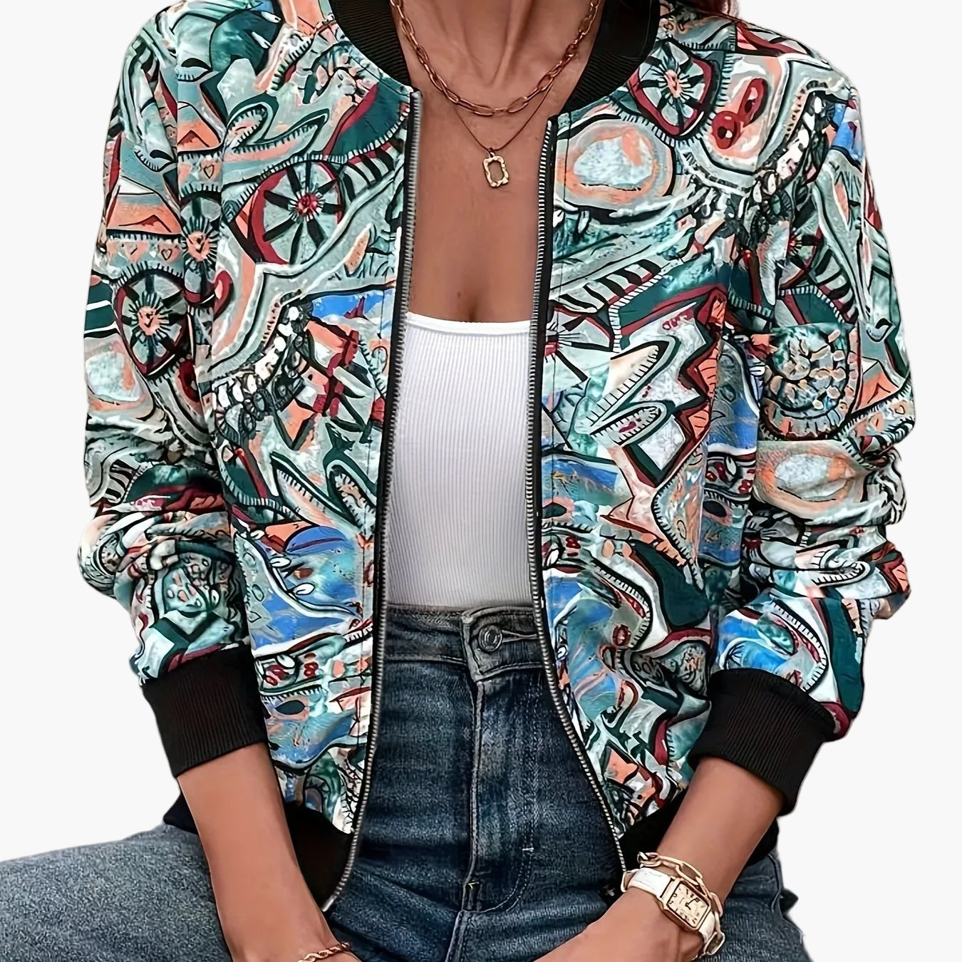 Damen Bomberjacke mit künstlerischem Print – Stilvolle Übergangsjacke für Freizeit & Alltag