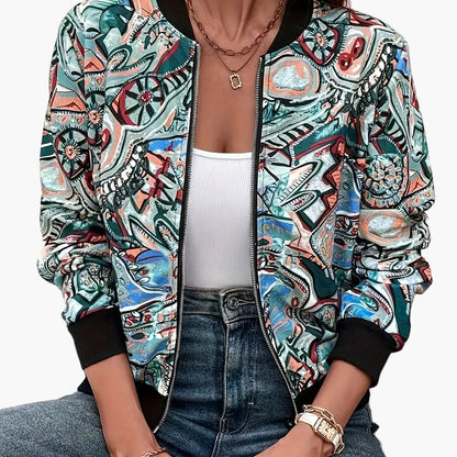 Damen Bomberjacke mit künstlerischem Print – Stilvolle Übergangsjacke für Freizeit & Alltag