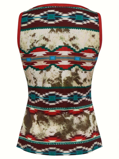 Damen Ethno Tanktop mit Knopfleiste und geometrischem Muster – Modisches Sommer Top im Boho-Style