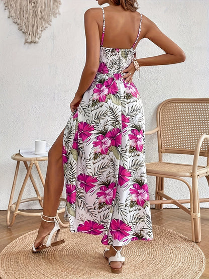 Damen Sommer Maxikleid Elegant mit Floralem Muster und Spaghettiträgern – Perfekt für Urlaub & Strand