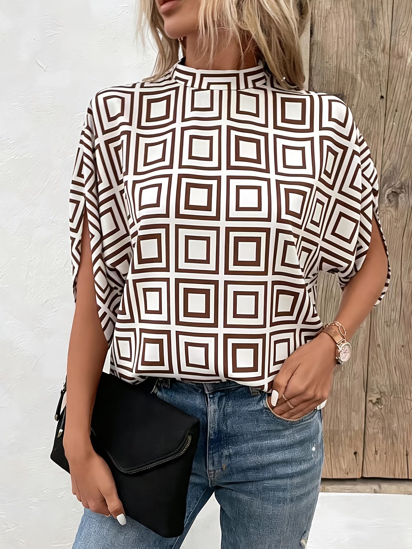 Damen Bluse mit Stehkragen und modernem geometrischem Muster, eleganter Business- und Freizeitstil