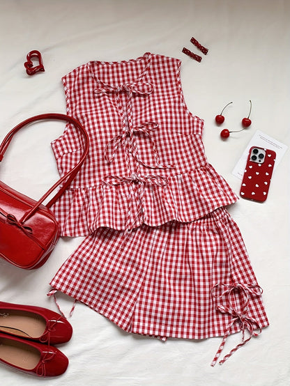 Damen Zweiteiliges Set mit Streifen, Schleifen und Volant – Elegantes Sommer Outfit