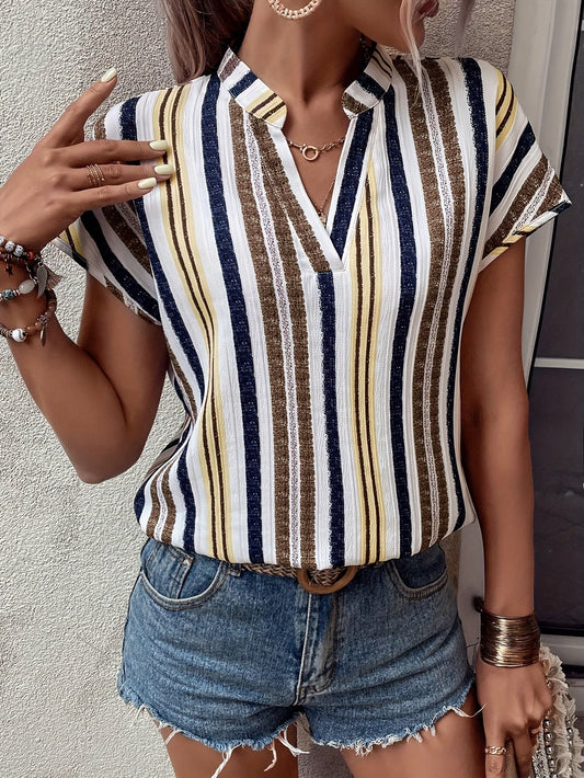 Damen Sommerbluse mit Streifenmuster und V-Ausschnitt – Eleganter Freizeit-Look