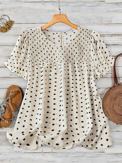 Damen Polka Dot Bluse mit Smok-Detail und Kurzarm – Eleganter Sommer-Look für Alltag & Freizeit