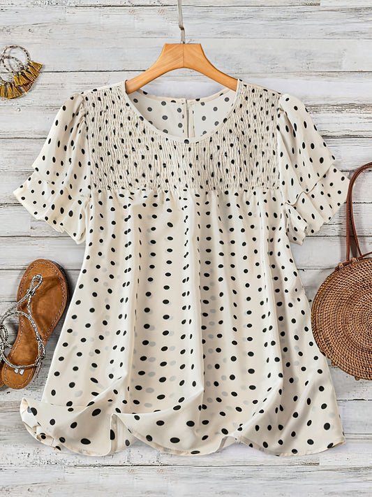 Damen Polka Dot Bluse mit Smok-Detail und Kurzarm – Eleganter Sommer-Look für Alltag & Freizeit