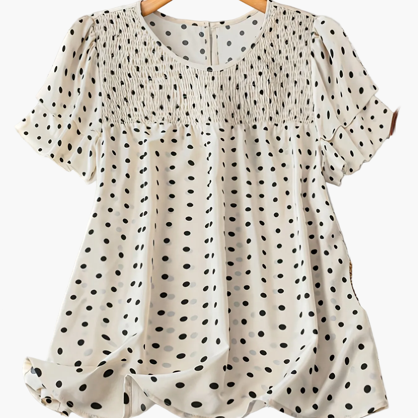 Damen Polka Dot Bluse mit Smok-Detail und Kurzarm – Eleganter Sommer-Look für Alltag & Freizeit