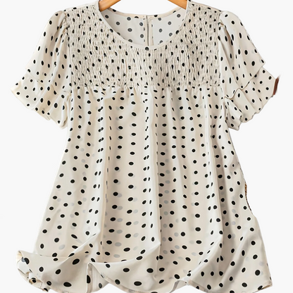 Damen Polka Dot Bluse mit Smok-Detail und Kurzarm – Eleganter Sommer-Look für Alltag & Freizeit
