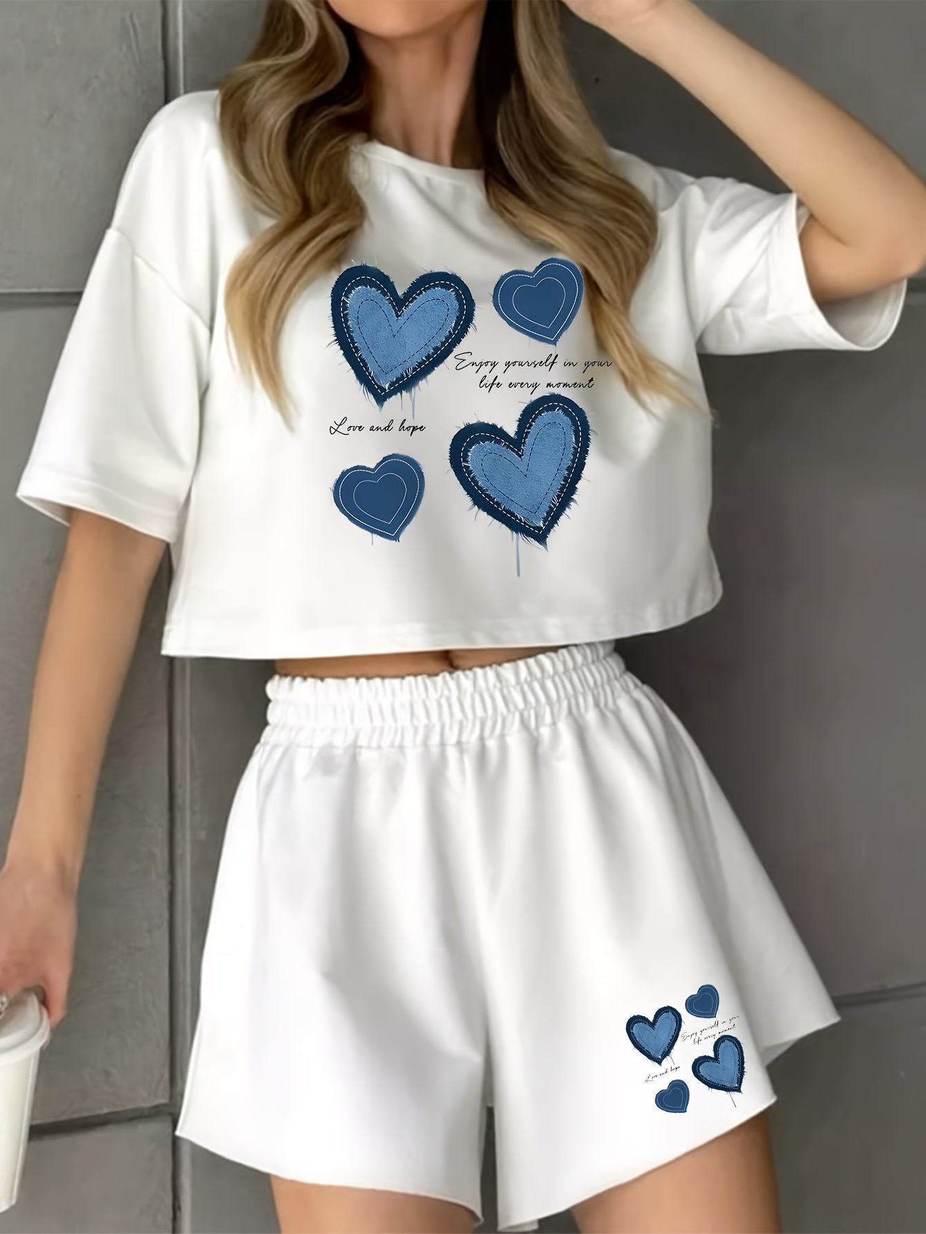 Damen Pyjama-Set mit blauen Herz-Prints – Lässige Homewear für gemütliche Wintertage