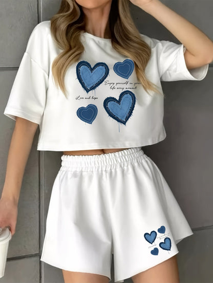 Damen Pyjama-Set mit blauen Herz-Prints – Lässige Homewear für gemütliche Wintertage