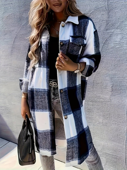 Damen Langarm Karo Shacket im lässigen Oversize-Stil – Perfekt für Alltag und Freizeit