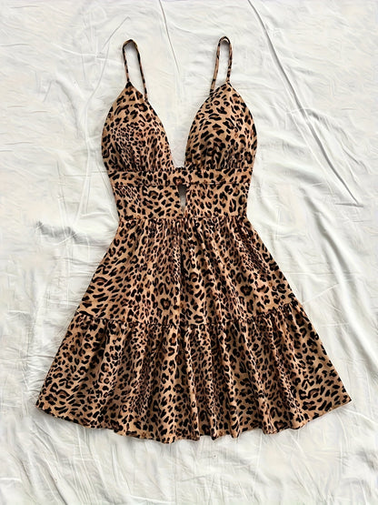 Damen Leopardenmuster Volant Minikleid mit Cut-Out und Spaghettiträgern – Trendiges Freizeitkleid für Urlaub und Sommer