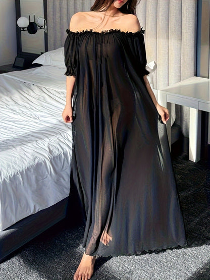 Damen Elegantes Off-Shoulder Nachthemd mit Rüschen – Luftiges Maxikleid für gemütliche Nächte
