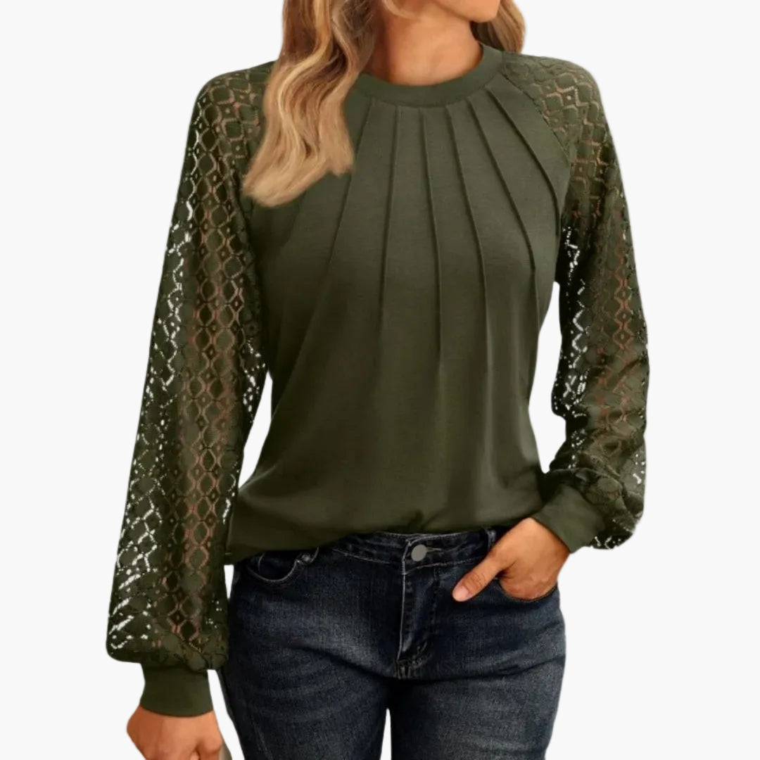 Damen Bluse mit Spitzenärmeln und Falten-Design – Elegante Smart Casual Oberteil für Büro & Freizeit