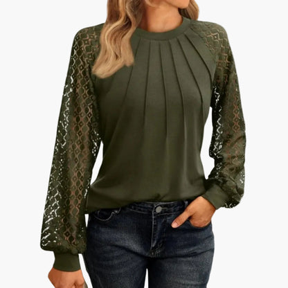 Damen Bluse mit Spitzenärmeln und Falten-Design – Elegante Smart Casual Oberteil für Büro & Freizeit