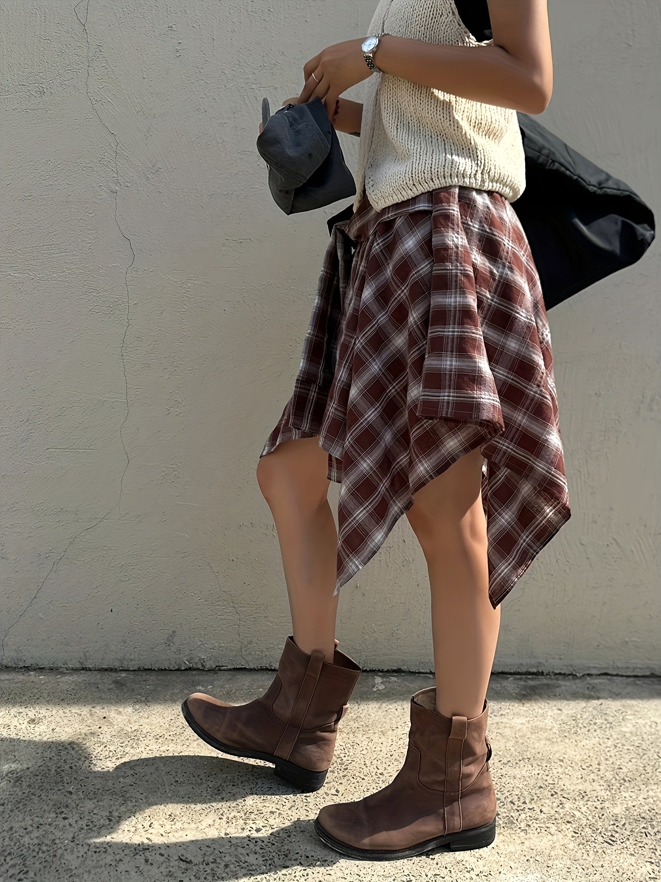 Damen Asymmetrischer Streetstyle-Rock mit Karo und Knotendetail – Urbaner Freizeitlook
