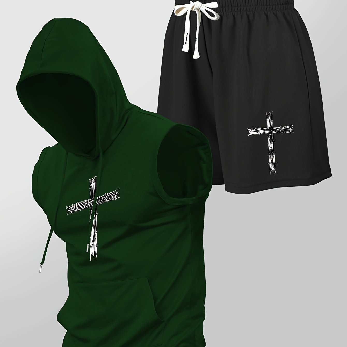Herren Fitness Set mit Kapuzen-Ärmelloshirt und Shorts mit Kreuz-Print – Sportlicher Streetstyle Zweiteiler