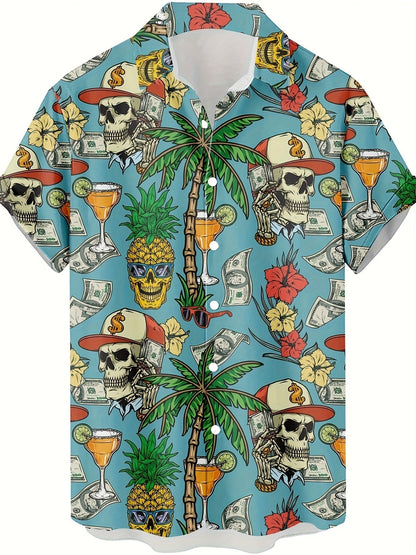 Herren Hawaiian Hemd mit Totenkopf und Sommermuster – Kurzarm, Party & Freizeit