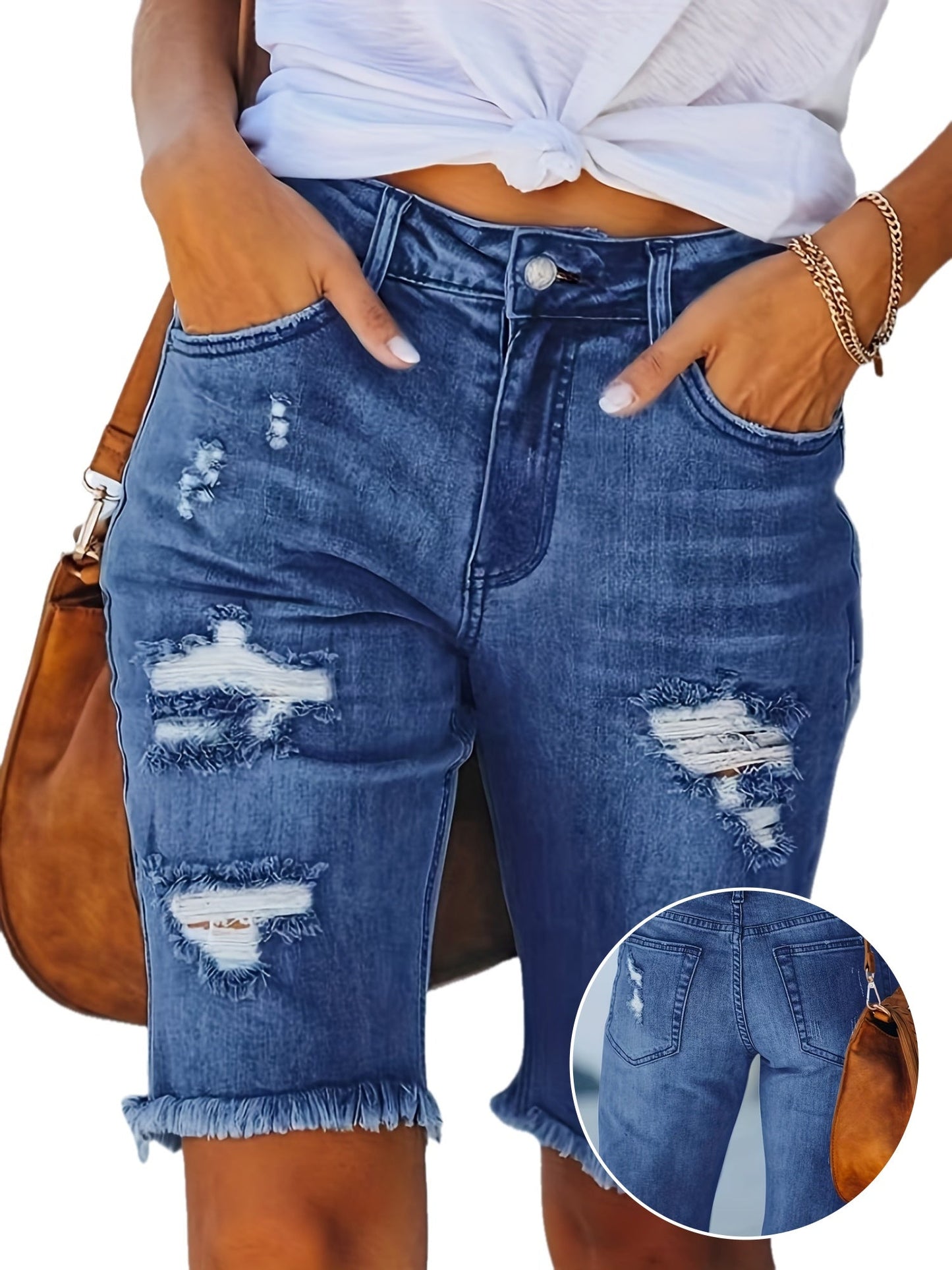 Damen Bermuda Jeans Shorts im Destroyed Look – Modische Sommer-Basics mit Fransen und Rissen