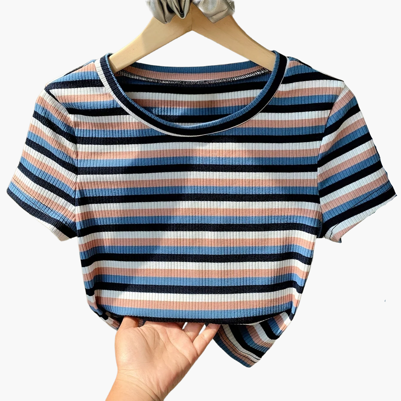 Damen Modernes Streifen-Rippstrick T-Shirt – Kurzarm, Lässiger Streetstyle