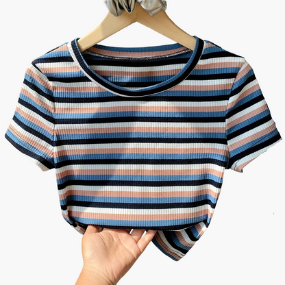 Damen Modernes Streifen-Rippstrick T-Shirt – Kurzarm, Lässiger Streetstyle
