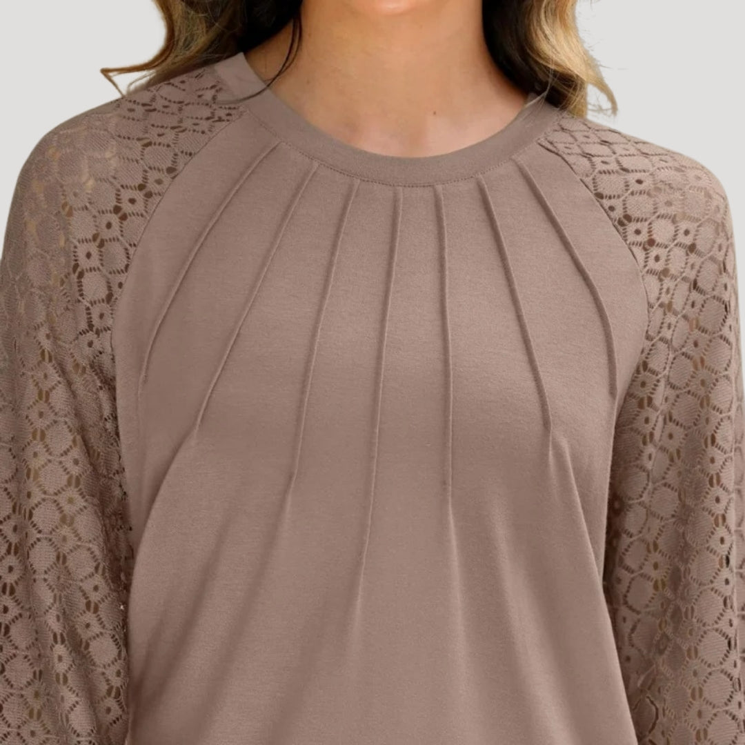 Damen Bluse mit Spitzenärmeln und Falten-Design – Elegante Smart Casual Oberteil für Büro & Freizeit