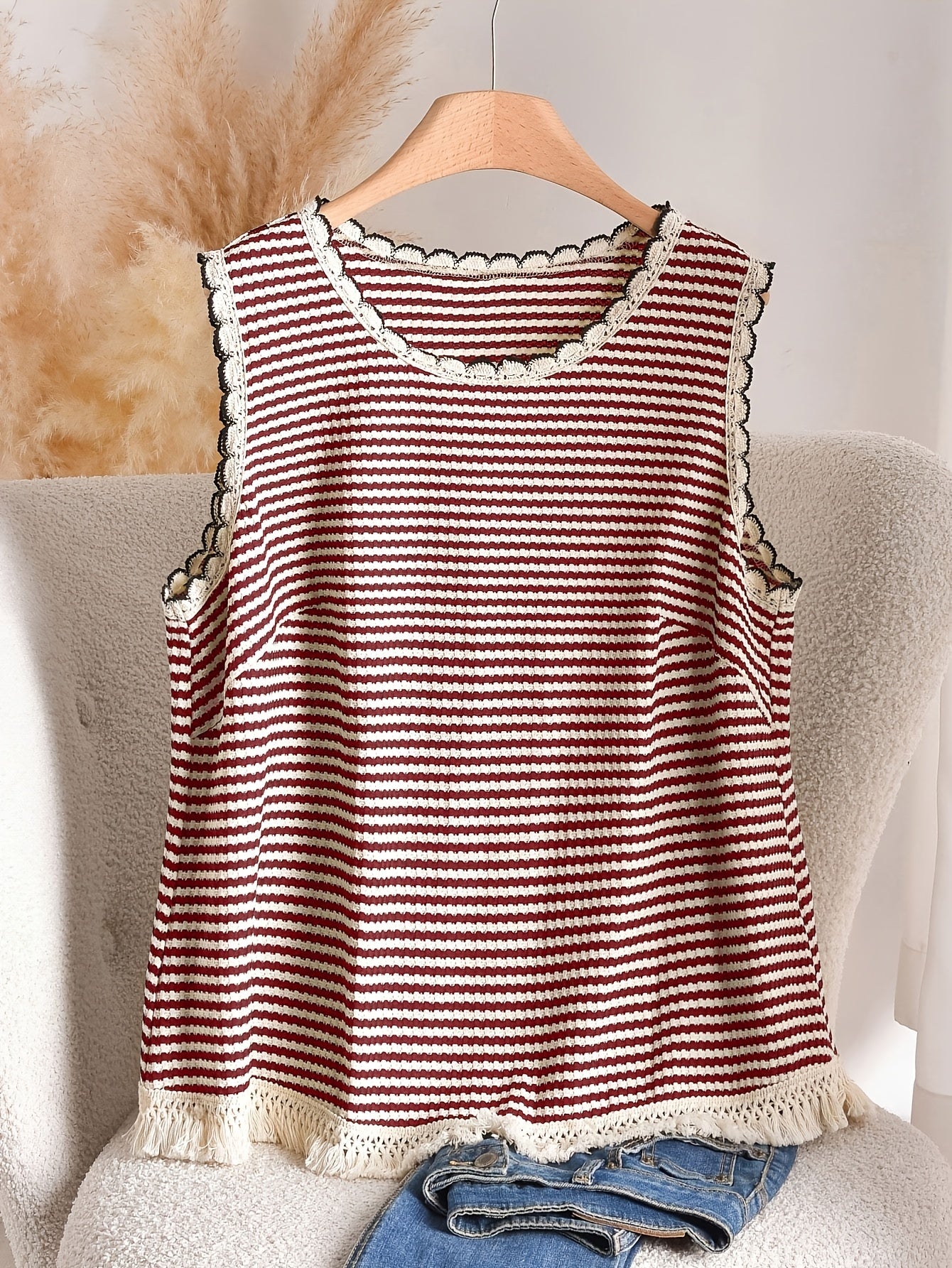 Damen Strick-Top im Boho-Stil mit Streifen und Fransen – Lässig & Sommerlich