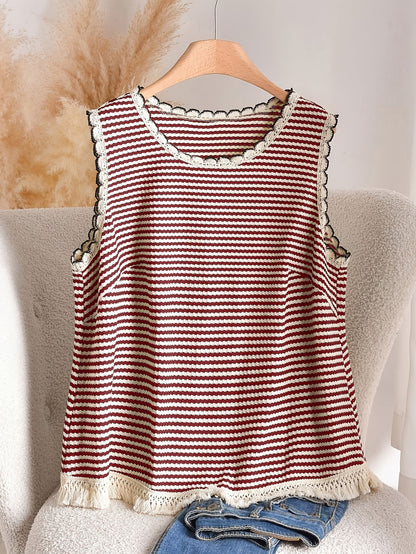 Damen Strick-Top im Boho-Stil mit Streifen und Fransen – Lässig & Sommerlich