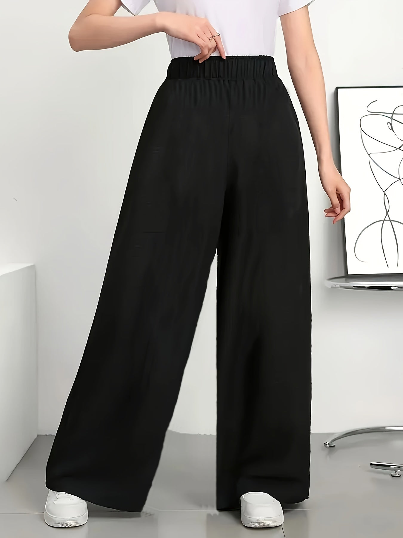 Damen Weite High Waist Freizeithose mit elastischem Bund – Elegante Relaxed Fit Hose für Alltag & Freizeit