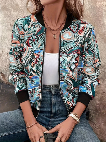 Damen Bomberjacke mit künstlerischem Print – Stilvolle Übergangsjacke für Freizeit & Alltag