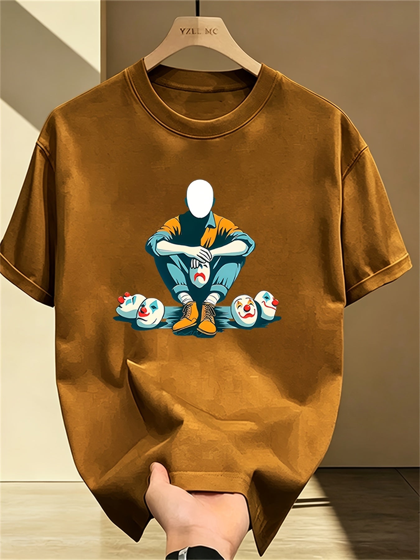 Herren T-Shirt mit künstlerischem Print – Abstrakte Figur und Clownsmasken, Modernes Streetwear Design