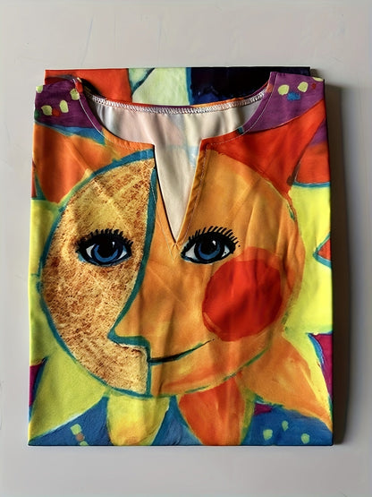 Damen Kleid mit Katzen und Sonne – Künstlerisches Vintage Freizeitkleid, ärmellos, locker, für Frühling und Sommer
