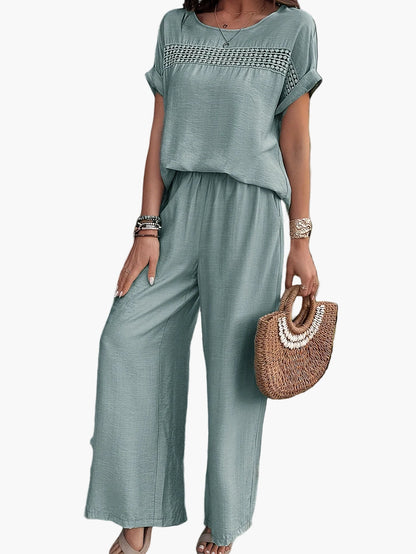Damen Sommer Zweiteiler Set – Lässiges Boho Outfit mit weiter Hose und Kurzarm Bluse, Ideal für Strand & Freizeit