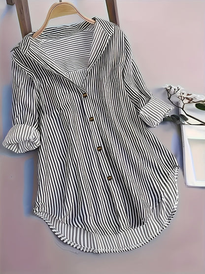 Damen Longbluse mit Streifenmuster und Knopfleiste – Modisches Hemd für Business und Freizeit
