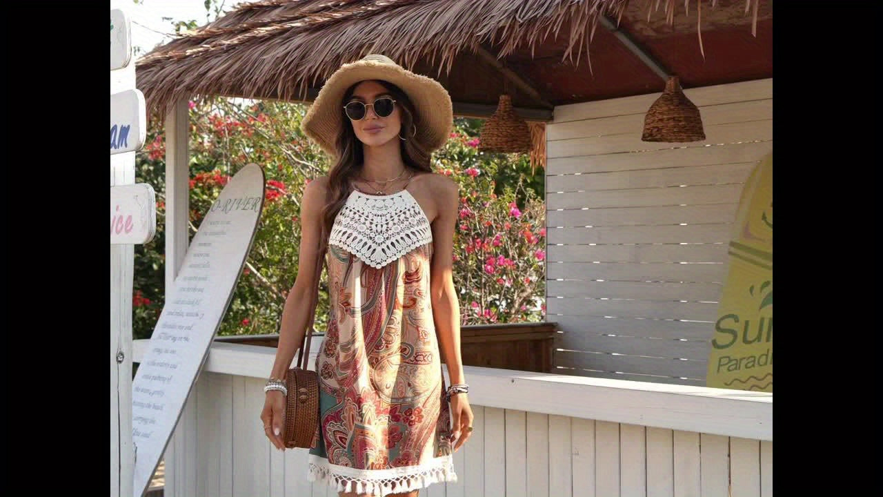 Damen Sommer Tunika Strandkleid mit Häkelspitze und Paisley-Muster – Boho Chic Freizeitkleid