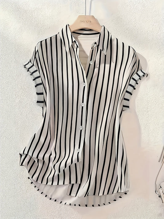 Damen Blusenshirt mit vertikalem Streifenmuster und Knopfleiste – Eleganter Sommer-Look für Büro & Freizeit