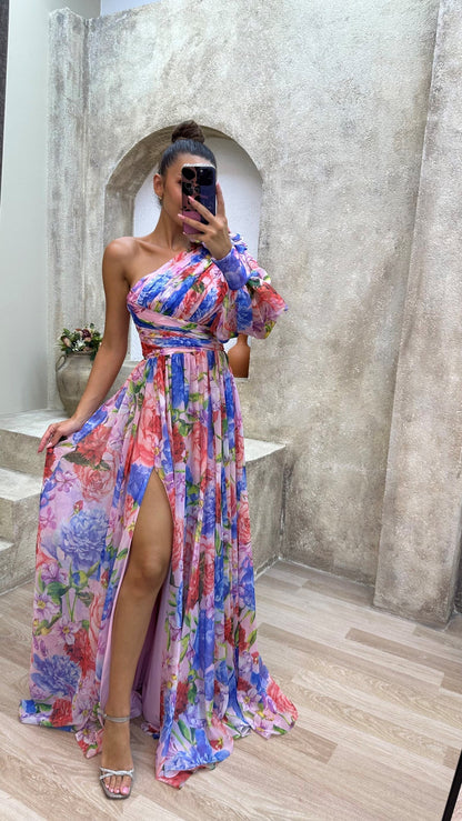Damen One-Shoulder Maxikleid mit floralen Muster – Elegantes Sommerkleid für festliche Anlässe