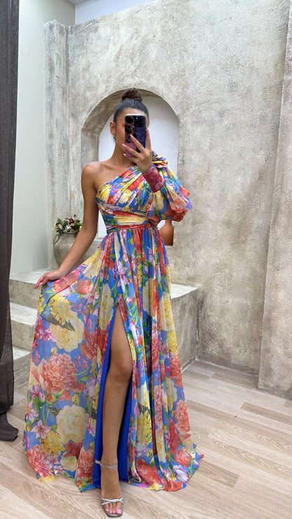 Damen One-Shoulder Maxikleid mit floralen Muster – Elegantes Sommerkleid für festliche Anlässe