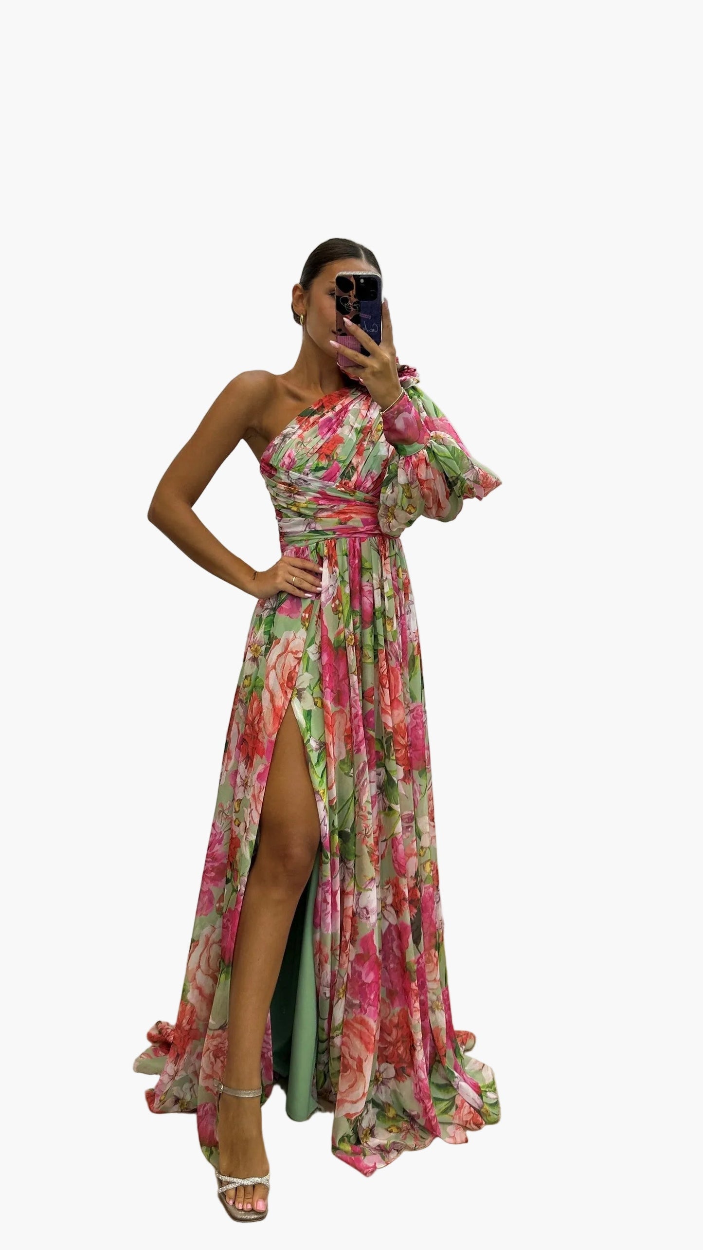 Damen One-Shoulder Maxikleid mit floralen Muster – Elegantes Sommerkleid für festliche Anlässe