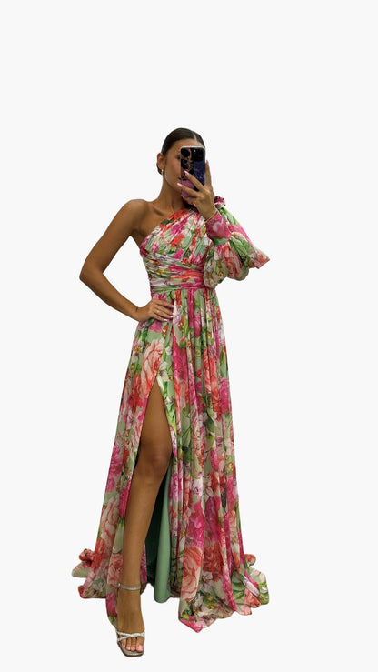 Damen One-Shoulder Maxikleid mit floralen Muster – Elegantes Sommerkleid für festliche Anlässe