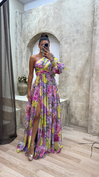 Damen One-Shoulder Maxikleid mit floralen Muster – Elegantes Sommerkleid für festliche Anlässe
