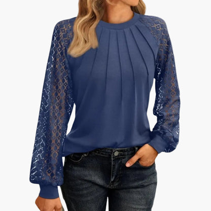 Damen Bluse mit Spitzenärmeln und Falten-Design – Elegante Smart Casual Oberteil für Büro & Freizeit