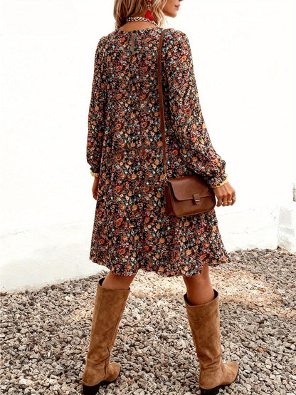Damen Blumenkleid mit langen Ärmeln – Boho Chic Freizeitkleid für Frühling und Sommer