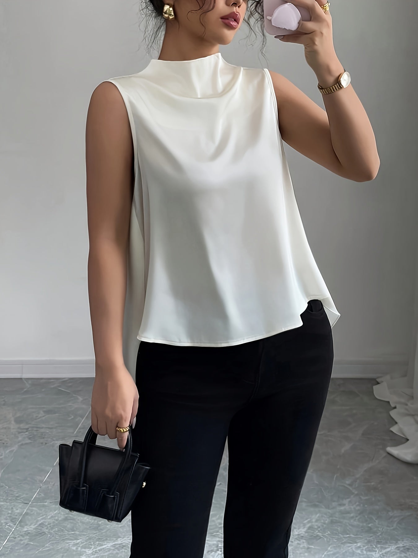 Damen Elegante Ärmellose Bluse mit Stehkragen und fließendem Schnitt – Perfekt für Büro und Abend
