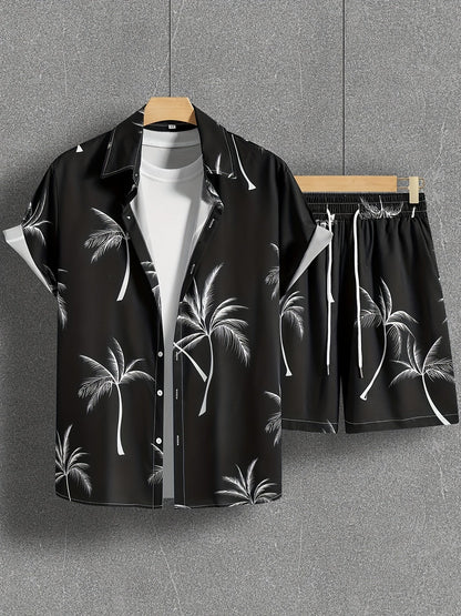 Herren Set Kurzarm Hemd und Shorts mit Palmenmuster – Lässiges Urlaubsoutfit